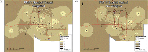 Figure 9. (a) Scored spatial output map for the PM10 analysis using weighted indicator inputs. Numbered callouts represent areas indicated for new PM10 stations, 1 = Avondale, 2 = Deer Valley, 3 = Tempe. Only two grid cells, not pictured in this map, earned a score of 5. These cells are located in western Maricopa County approximately 35 km from the western edge of this map. (b) The same analysis using unweighted indicators.