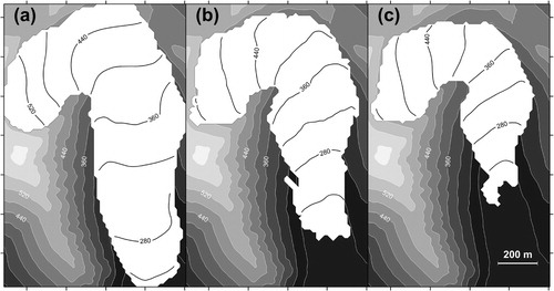 Fig. 2 Surface topography of Ariebreen in (a) 1936, (b) 1990 and (c) 2007. Contour line interval is 40 m. The estimated errors in surface elevation are 13.60, 3.00 and 1.03 m, respectively.