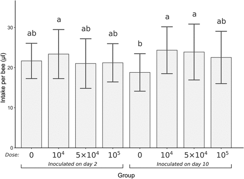 Figure 1. Mean daily syrup intake per bee since inoculation over 7 days of the experiment duration. Error bars present SD. Groups are marked under the x-axis, the dose is an inoculum concentration (spores/bee), 0 means control group. Treatments with the same lowercase above the error bars are not significantly different (Kruskal–Wallis test with Holm’s correction for multiple comparisons, α = 0.05).