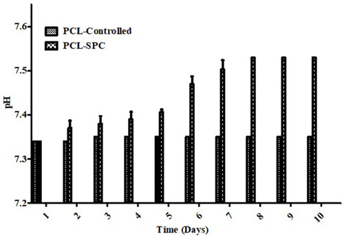 Figure 3 Oxygen release profile of electrospun mats over a time duration of 10 days in both PCL-Control and PCL-SPC groups. Data is presented as mean±SD. A relatively uniform enhancement of oxygen level was determined in the solution with pH between 7.3 and 7.6 in PCL-SPC blend nanofibers compared to PCL only fibers (control group).