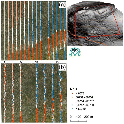 Figure 6. Total magnetic intensity map of site N2, obtained by UAV technology (a) and compared with ground survey data (b) (sensor height: 20 m).