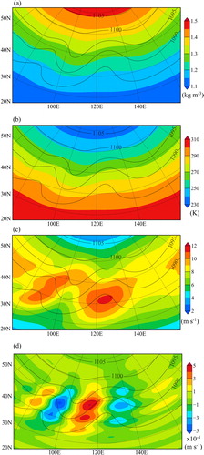 Fig. 6. (a) ρ, (b) θ, (c) u and (d) w and surface pressure (black contours, unit: hPa) at 0000 UTC of day 5 with the variable resolution mesh.