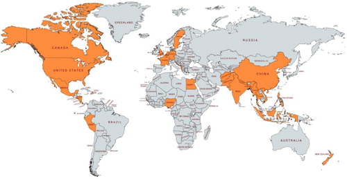 Figure 1. Geographic distribution of the 33 countries selected for investigation.