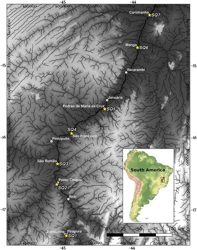 Figure 1. Location of the São Francisco River reach used as test area showing the in situ hydrological stations (left) and geographical context in the South American continent (right)