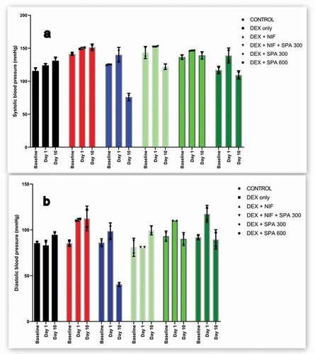 Figure 2. Effect of methanol extract of Struchium sparganophora leaves on (a) systolic and (b) diastolic blood pressure in dexamethasone induced hypertensive rats