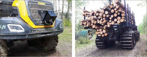 Figure 2. The 2D Light Detection and Ranging (LiDAR) sensor mounted on the rear of the Ponsse Scorpion King harvester (left) and on the Ponsse Elk forwarder (right).