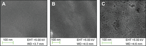 Figure S1 SEM micrographs of mesoporous titania coated onto glass substrates synthesized by different templates.Notes: (A) CTAB, (B) P123, and (C) P123 + PPG (1:1).Abbreviations: SEM, scanning electron microscopy; CTAB, cetyltrimethylammonium bromide; PPG, polypropylene glycol; EHT, extra high tension; WD, working distance.