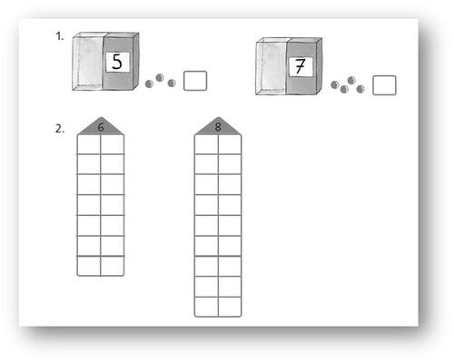 Figure 1. Example of two tasks from Milestone 2, Part-Whole Relationships. Instructions are read aloud by the teacher. (1. “You see 2 boxes. In the first box there are 5 dots in total. How many of them are hidden? In the second box there are 7 dots in total. How many of them are hidden?” 2. “Write down all ways in which the number 6 can be broken down into smaller numbers in the decomposition house. And now write down all ways in which the number 8 can be broken down into smaller numbers).”.