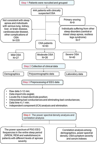 Figure 1 Flow chart of patient recruitment and grouping, clinical data collection, sleep EEG processing and data analysis.