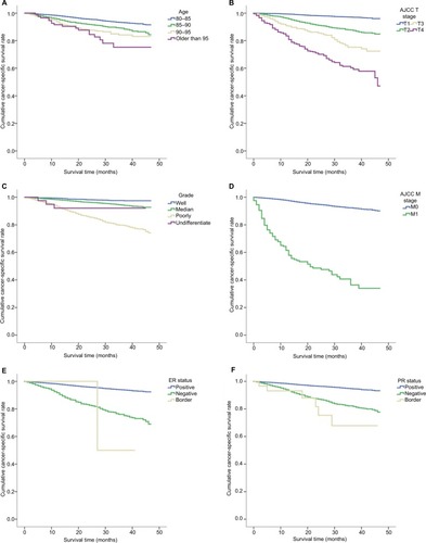 Figure 1 The independent prognostic factors for cancer-specific survival in elderly breast cancer patients who underwent surgery.Notes: (A) Kaplan–Meier survival curve for patients of different ages. (B) Kaplan–Meier survival curve for tumors of different sizes. (C) Kaplan–Meier survival curve for tumors of different histological grades. (D) Kaplan–Meier survival curve for patients based on whether they exhibited distant metastasis. (E) Kaplan–Meier survival curve for patients with different ER statuses. (F) Kaplan–Meier survival curve for patients with different PR statuses.Abbreviations: AJCC, American Joint Committee on Cancer; ER, estrogen receptor; PR, progesterone receptor.