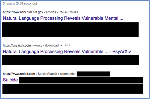 Figure 3. Results of a google reverse-search for a randomly selected quotation from Low et al.’s study. Results show the publication in question (blanked), an alternative hosting location (blanked), and the original Reddit thread link – complete with original user details visible (partially blanked; Google.com, Citation2021b). Google and the Google logo are trademarks of Google LLC.