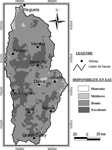 Figure 4. Carte de disponibilité en eau souterraine du bassin versant de la Lobo.