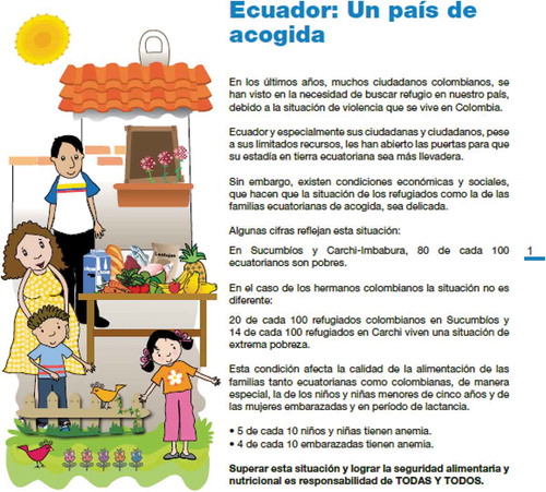 Figure 1. Programme booklet introducing the motivation behind targeting Colombian nationals: Ecuador, a welcoming country.Source: WFP programme materials, cash and voucher intervention, 2011.