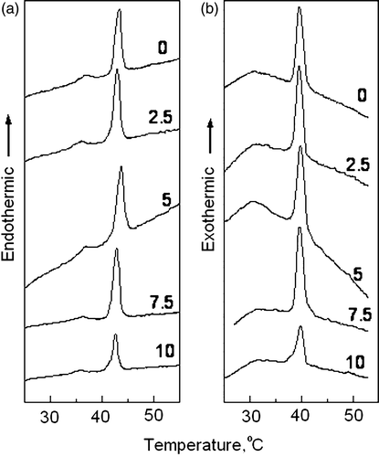 Figure 1.  Differential scanning calorimetric heating (a), cooling (b) thermograms of dipalmitoylphosphatidylcholine codispersed with dolichol C95. The proportion of dolichol C95 (mol%) in the phospholipid dispersion is indicated on the respective scan.