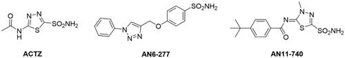 Figure 1. Chemical structure of the investigated CAIs: acetazolamide (ACTZ) and newly reported sulphonamide CAIs.