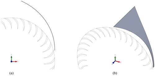 Figure 4. (a) Baffle profile on plane P and runner sketch; (b) baffle 3D view and runner sketch.