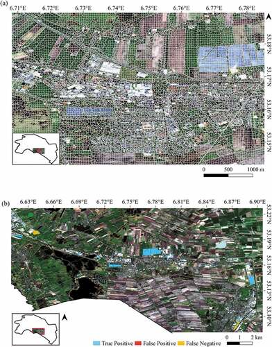 Figure 4. RGB Sentinel-2 imagery showing a part of the test area. Firstly, Sentinel-2 10 m resolution imagery was segmented with the SNIC algorithm (a). Secondly, the objects were classified with an RF model (b). To facilitate interpretation, true negatives are not shown on the map.