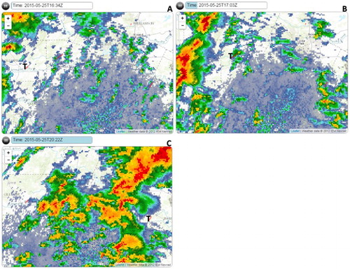 Figure 21. NEXRAD base reflectivity corresponding to the seven tornadoes in cluster B. Panel A–C show the base reflectivity at 1634 UTC, 1703 UTC, 2022 UTC and corresponds to the EF1, EF0 and EF1 tornadoes that began at 1633 UTC, 1704 UTC and 2024 UTC, respectively. The Ts denote the start locations of the tornadoes.