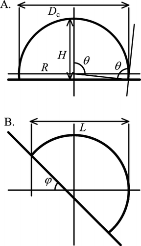 FIG. 1 Schematic diagrams of a spherical cap shape. (A) On a horizontal stage and (B) on a stage tilted at an angle ϕ, where θ is the contact angle, R and H are the radius and the width of the spherical cap, respectively, D c is the cross-sectional diameter, and L is the droplet length perpendicular to the tilt axis.