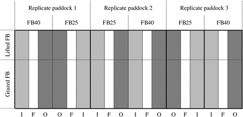 Figure 1. A schematic of the layout of the fodder beet (FB)-catch crop paddock trial at the DairyNZ Scott Farm, Hamilton in 2017. ‘Grazed’ represents FB consumed by livestock in autumn, and ‘lifted’ is FB harvested and removed in autumn by manual labour, i.e. no livestock grazing. FB allocation treatments consisted of either 25% of the diet dry matter (DM) (4 kg DM cow−1 day−1, with pasture at 11 kg DM cow−1 day−1; ‘FB25’) or 40% of the diet DM (6 kg DM cow−1 day−1, with pasture at 9 kg DM cow−1 day−1; ‘FB40’). Oats (O, grey shading) and Italian ryegrass (I, diagonal line shading) catch crops were direct-drilled on 3 May 2017, after all FB plants had been removed. ‘F’ represents the fallow control (unshaded).