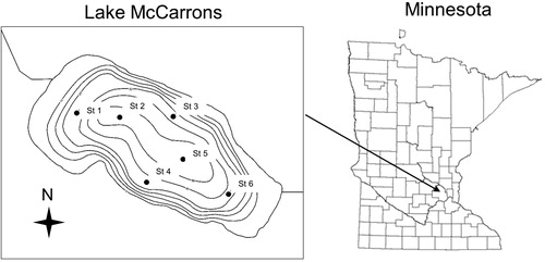 Figure 1. Sediment core station locations in Lake McCarrons, Minnesota.