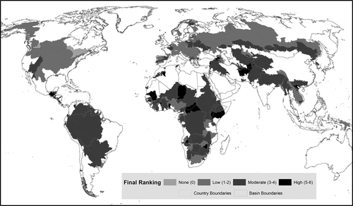 Figure 7. Combined ranking of risk based on current institutional vulnerability, and increases in exposed population and hydrological variability by 2050.