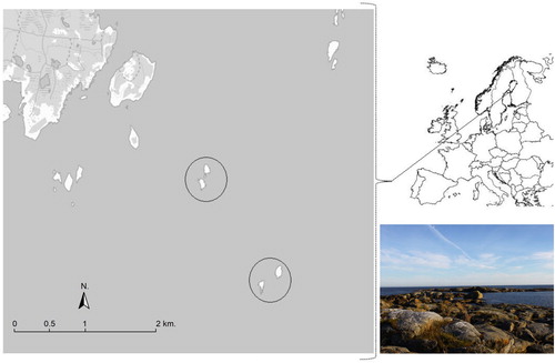 Figure 1. The Baltic study sites delineated by circles. The photograph shows one of the islands.