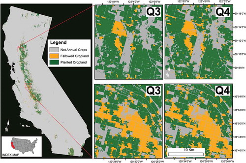 Figure 11. The FANTA model for 2014 is shown in the left panel. The zoomed insets show details of applying Equations (5) and (6) to the MODIS images of 2014, thereby calculating neighborhood anomalies for NDVI and NDVI range. These neighborhood greenness anomalies reveal areas that do not look like crops compared to their neighbors (Q3) and do not “act” like crops compared to their neighbors (Q4).