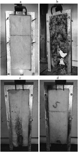 Figure 6. Flammability of the specimens: a – specimen not coated with flame retardants before the flame source starts to act; b – specimen not coated with flame retardants after the flammability test; c – specimens coated with flame retardant Flovan CGN, when solution concentration, g/l − 35; d – specimens coated with flame retardant Flovan CGN, when solution concentration, g/l 55.