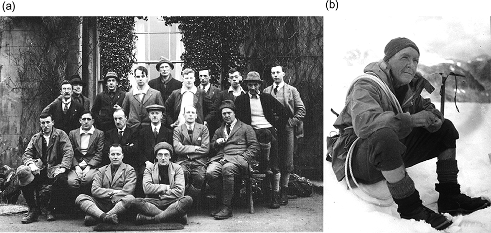 Figure 6. Graham Brown, the mountaineer. (a) A January 1925 photo of members of the Gritstone Club, Flying Horse Shoe Inn, Clapham Station, Yorkshire, Graham Brown is 3rd from the left in the back row. (b) Graham Brown on Mont Blanc in about 1948. Used with permission of the Trustees of the National Library of Scotland.