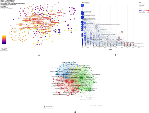 Figure 4 Analysis of authors, institutions, and journals. (A) Collaboration network of authors. (B) The earliest publication time and volume of institutions by year. (C) Co-occurrence map of journals.