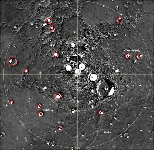 Figure 1. The red circles indicate the craters analyzed as the starting point of the research work and we labeled the three craters in which we focused in this study; the white patches represent the PSR. The north pole BDR basemap (166 m/px) is in stereographic projection centered at 90°N; 0°E (data of PSR taken from CitationHarmon et al., 2011).