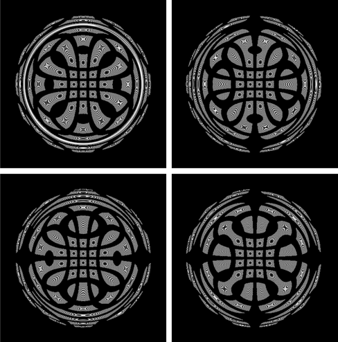 Figure 2 Modulo 2π phase maps calculated from the black-box model and the nominal asphere shape, with aperture array in positions 1–4 as obtained in a measurement of the TWI. (The wavelength for the calculation of the phase maps was increased for better visualization by a factor of 10).