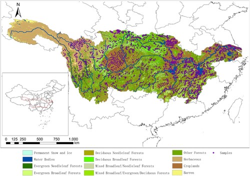 Figure 1. Landcover of the Yangtze River Basin and sample site distribution. The land cover map is derived from the MCD12Q1 (Friedl and Sulla-Menashe Citation2015) image and GFSAD30 (Teluguntla et al. Citation2017) image.