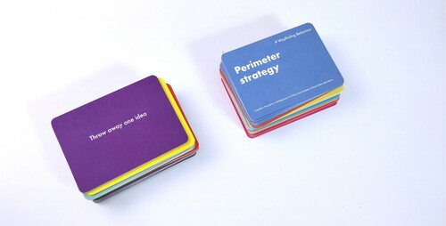 Figure 2. The two decks of cards: the Architecture Design Strategies Cards (left) aim to provoke perspective-taking and empathy, while the Spatial Cognition Thinking Cards (right) aim to promote a shared understanding of cognitive science concepts and evidence-based design, offering a shared vocabulary between researchers and designers.