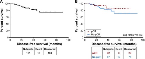 Figure 2 (A) Disease-free survival for all patients. (B) Disease-free survival by pCR.
