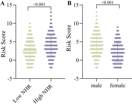 Figure 6 Cardiovascular risk assessment. (A) Comparison of cardiovascular risk scores between the low NHR and high NHR groups. (B) Comparison of cardiovascular risk scores in males and females.