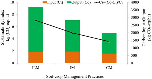 Figure 5. Carbon based sustainability index (Cs) in the rice-mustard-jute crop rotations with and without intercrops as influenced by integrated soil-crop management practices.