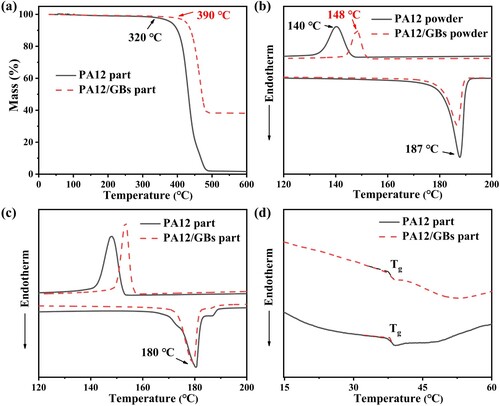 Figure 6. (a) TGA analysis of the PA12 and PA12/GBs parts. DSC curves of the (b) PA12 and PA12/GBs powders and (c, d) MJF-printed parts.