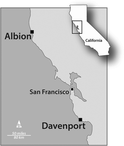 Figure 1. Site map of the two marine terrace locations – Albion in Mendocino, County, and Davenport in Santa Cruz County, California. Map by T.R. Paradise.