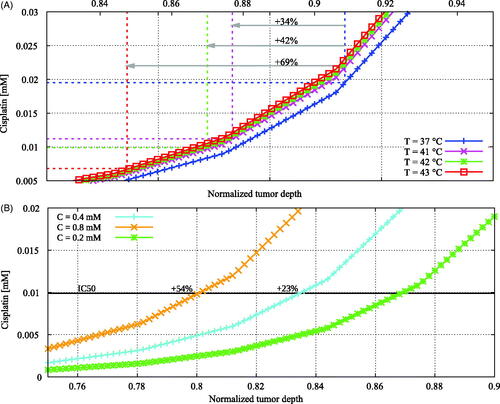 Figure 7. Cisplatin distributions showing the qualitative behavior of the influence of (A) temperature and (B) administered dose on the penetration depth of cisplatin. Coordinates run toward the tumor-peritoneal cavity boundary at +1. See Figure 2 for a detailed explanation of the coordinates. Using higher temperatures, a lower dose of cisplatin is needed to induce the same amount of cell death illustrated by a lower IC50 value, plotted as the dashed lines in (A). In combination with a higher diffusivity, this results in a larger penetration for higher temperatures. Higher doses result in a larger penetration depth, as is shown in (B).