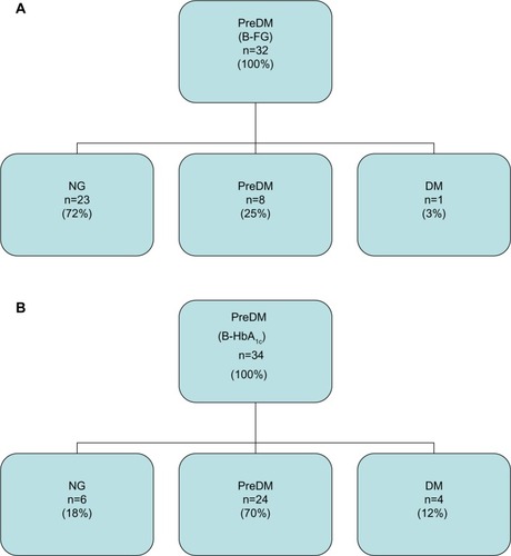 Figure 3 Follow-up on patients with a baseline diagnosis of preDM according to (A) FG criteria only (B-FG) (n=32) and (B) HbA1c criteria (B-HbA1c) (n=34).