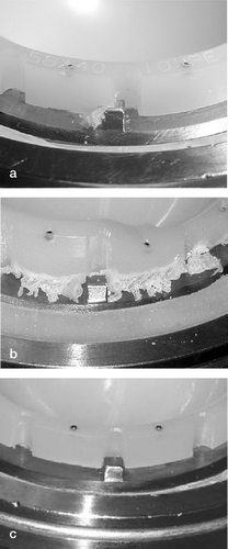 Figure 3. Photographs of anti-rotation portion of the locking mechanism of a) 40-mm aged conventional after 7 million cycles, b) 40-mm aged conventional after 12 million cycles and, c) 40-mm aged highly-crosslinked liner after 20 million cycles of simulated gait.