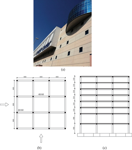 Figure 12. Part of a shopping complex with an underground garage, Rijeka, Croatia - segments separated by seismic dilatations (a); plan of one segment of the structure (b); cross-section of one segment (c).