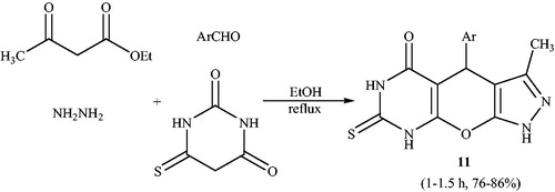 Scheme 12. Catalyst-free synthesis of pyrazolo[4',3':5,6]Pyrano[2,3-d]Pyrimidines.