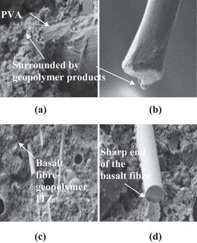 Figure 5. Micro structure of geopolymer composite with (a, b) PVA fibers (c, d) basalt fibers.