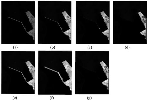 Figure 6. Feature extraction by MAPs for Band 4 Sentinel-2 dataset: (a) Original image, (b) Erosion, stage1, (c) Erosion, stage2, (d) Erosion, stage3, (e) Dilation, stage1, (f) Dilation, stage2, and (g) Dilation, stage3.