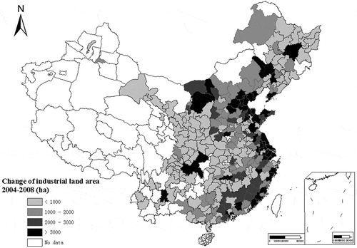 Figure 3. Absolute change in industrial land area in Chinese prefectures, 2004–2008.