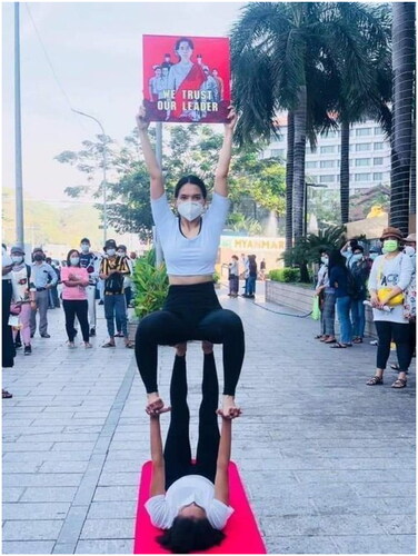 Figure 2. Aye Myat Thu, a well-known model, using women’s bodies to draw public attention to the coup.Source: https://twitter.com/pyaeswanmgmg/status/1359447245465088002, Pyae Swan @pyaeswanmgmg. This public website no longer exists.