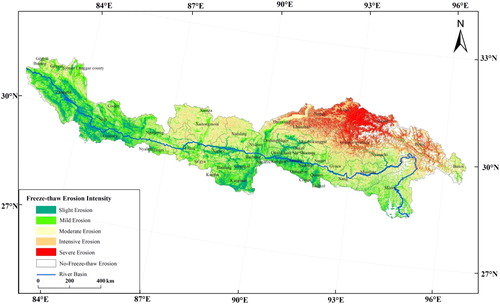 Figure 4. Grading map of freeze-thaw erosion intensity in the Yalu Tsangpo River basin.